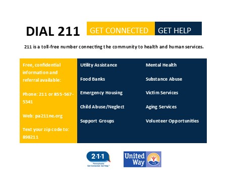 211 is a toll free number connecting the community to health and human services.